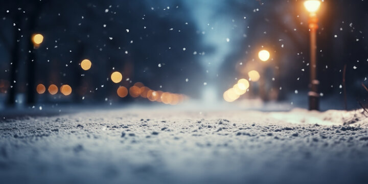 Winter city street at night with snowfall and bokeh lights