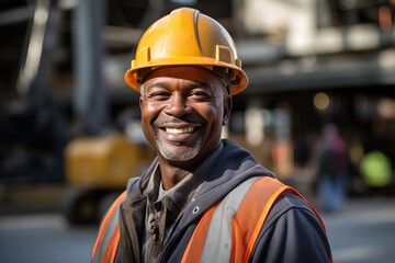 Adult smiling african american builder wearing yellow hard hat on a street