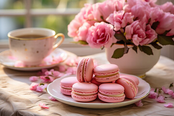 Delicious pink macaroons with a cup of tea on a saucer near pink flowers in a vase