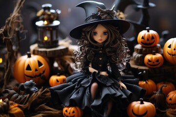 Cute witch doll among Halloween pumpkin lanterns and burning candles. Halloween holiday concept.