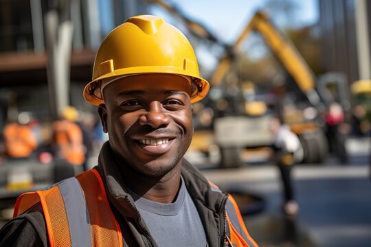 Adult smiling african american builder wearing yellow hard hat
