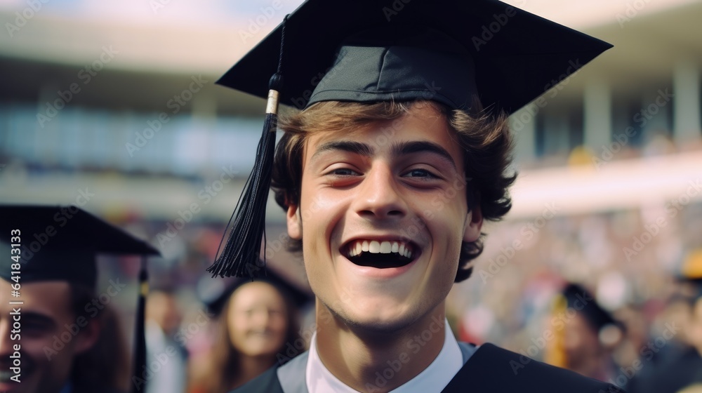 Wall mural Happy and smiling young boy celebrates graduation from university. Generative AI