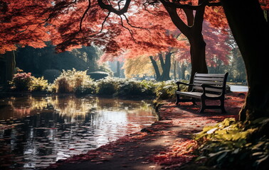 Autumn sunset  ,orange trees and colorful leaves in park