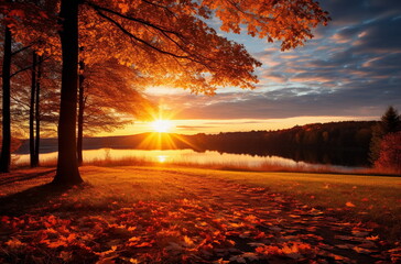 Autumn sunset  beautiful landscape,sun beam ,orange trees and colorful leaves on nature ,season  - 641843309