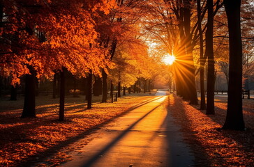 Naklejka na ściany i meble Autumn sunset beautiful landscape,sun beam ,orange trees and colorful leaves on nature ,season 