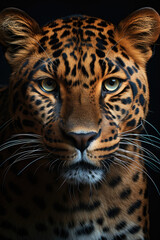 closeup of a leopard on black background, portrait photo.generative ai