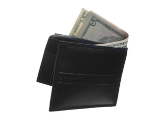 Black leather wallet with bunch of US dollars bills, banknotes, cash money isolated on white, clipping