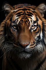 closeup of a tiger on black background, portrait photo.generative ai