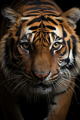 Fototapeta premium closeup of a tiger on black background, portrait photo.generative ai
