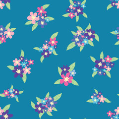 Floral seamless pattern with pink, lavender, blue, purple chamomile flower and leaves. Childish, feminine, gentle