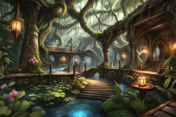 Fantasy concept background of stunning forest landscape old magical architecture environment