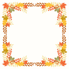 Obraz premium Clip art of hand drawn square wreath of Autumn leaves on isolated background. Floral frame for Autumn harvest, Thanksgiving, Halloween and seasonal celebration, textile, scrapbooking, paper crafts.