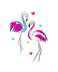 Flamingo birds. Bright tropical, exotic Hawaiian design in vector. The concept of love and fidelity. pink and blue art drawing