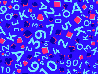 Seamless pattern with card suits: diamonds, hearts, clubs, spades in 3d style. Isometric card suit with symbols: Ace, Jack, Queen, King. Design of printing, advertising and banner. Vector illustration