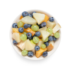 Bowl with fresh fruit salad on white background