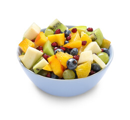 Bowl with fresh fruit salad on white background