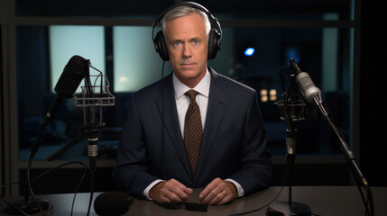 TV Live News Program with Professional Presenter Reporting. Television Cable Channel Anchorwoman Talks, Business, Economy, Entertainment. Mockup Network Broadcasting in Newsroom Studio Concept