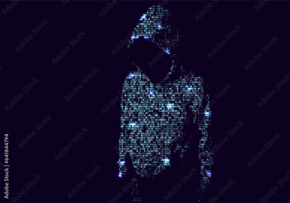 Wall mural Digital silhouette constructed with binary computer code. Hacked system or cyber attack. Vector illustration.