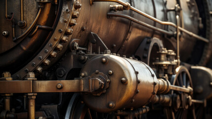 Huge black metal gear train wheel structure on the old steam engine train locomotive close up - obrazy, fototapety, plakaty