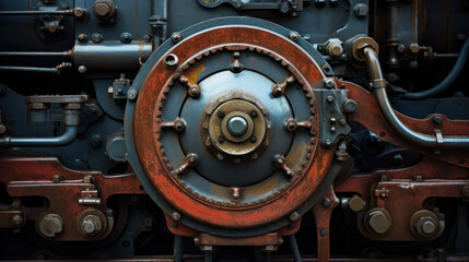 Huge black metal gear train wheel structure on the old steam engine train locomotive close up