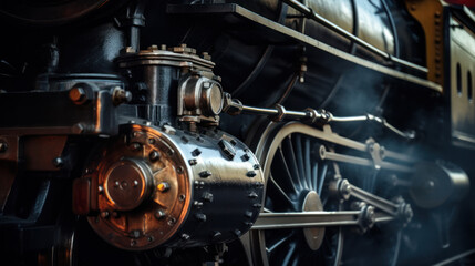 Fototapeta na wymiar Huge black metal gear train wheel structure on the old steam engine train locomotive close up
