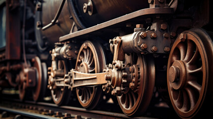 Fototapeta na wymiar Huge black metal gear train wheel structure on the old steam engine train locomotive close up