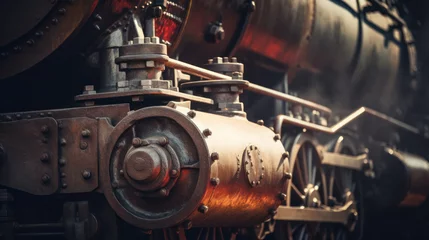 Foto op Canvas Huge black metal gear train wheel structure on the old steam engine train locomotive close up © Nataliya