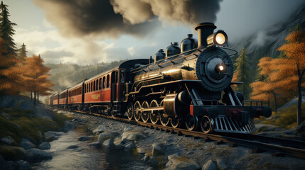 Vintage black steam locomotive train with wagons rush railway. - obrazy, fototapety, plakaty