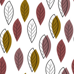 Abstract shape leaves silhouette and line art. Minimal botanical art seamless pattern. Scandinavian leaf design vector pattern. Botany illustration in earth tones