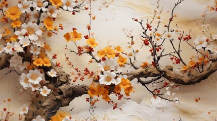  a painting of a branch with white and yellow flowers on it.  generative ai