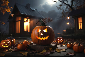Realistic halloween background with creepy landscape of night sky fantasy home and pumpkins Jack in moonlight.