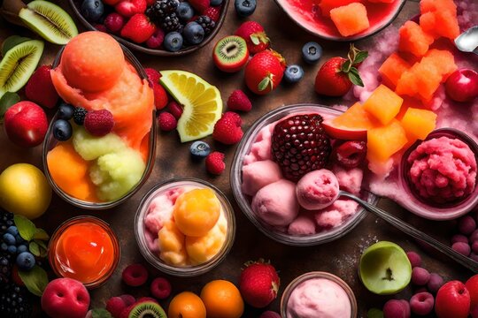 Produce a high-quality image of a refreshing sorbet nestled amidst a backdrop of frozen fruits, evoking the coolness and vibrancy of the dessert