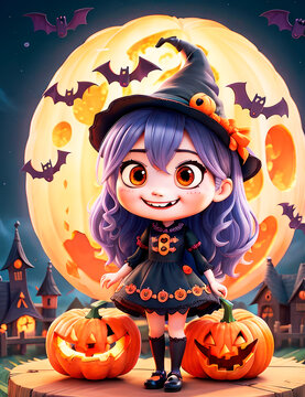 Halloween Witch Girl in cartoon style. Magic pumpkin. Mystical cartoon illustration. anime illustration Generative AI