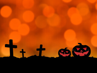 silhouette three cross and two jack o lantern smiling in hell with colourful glowing bokeh, halloween party poster