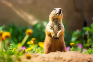 Naklejka na ściany i meble Prairie dog in wildlife. Cute prairie dog on summer field with flowers.