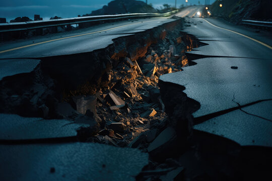 a big crack on a concrete highway. close-up view. dusk. earthquake destruction concept. 