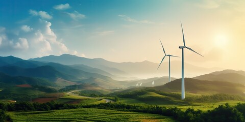 AI Generated. AI Generative. Wind mill eco power electric generator innovation alternative energy. Nature outdoor background