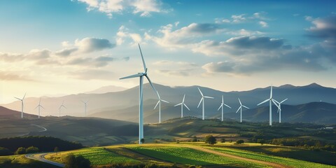 AI Generated. AI Generative. Wind mill eco power electric generator innovation alternative energy. Nature outdoor background - obrazy, fototapety, plakaty