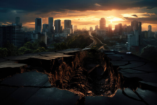 a large cracked hole pit in the center of a post apocalyptic city. geologic fault, normal fault, reverse fault.
