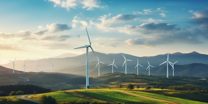 AI Generated. AI Generative. Wind mill eco power electric generator innovation alternative energy. Nature outdoor background