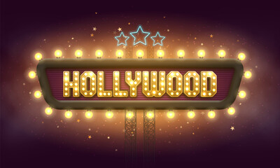 Bright Hollywood sign with a retro billboard. Movie banner or poster in retro style. Vector illustration.