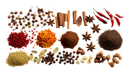 Different spices isolated on backgorund, top view. Generative AI - obrazy, fototapety, plakaty