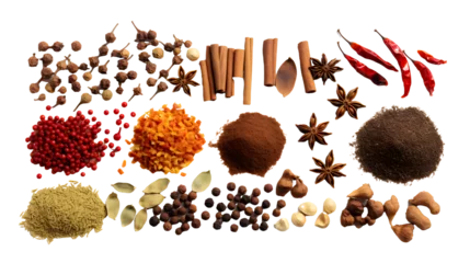Fotobehang Different spices isolated on backgorund, top view. Generative AI © SRITE KHATUN