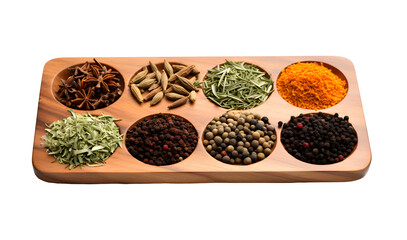 Spices in a wooden board. Generative AI