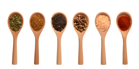 Poster Various spices in wooden spoons, top view. Generative AI © SRITE KHATUN