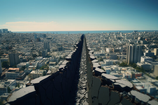 giant crack in the center of a city caused by a earthquake. 