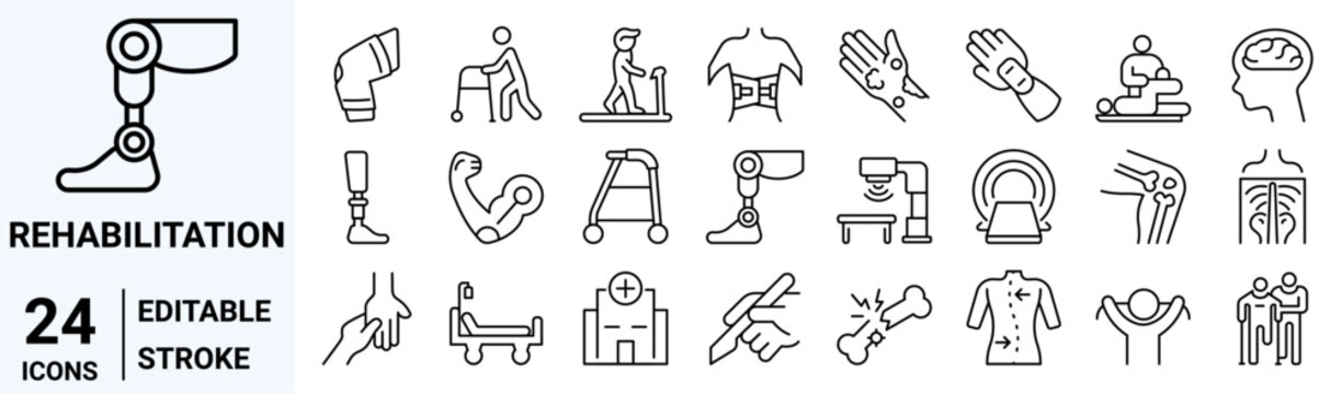 Set of 24 line icons Physiotherapy, rehabilitation, prosthetics. editable stroke Vector illustration