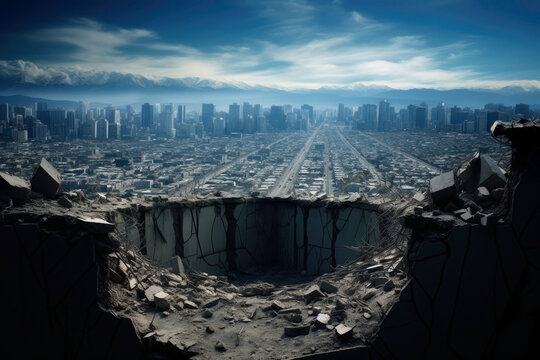 a large deep hole in the center of a vast dystopian city.