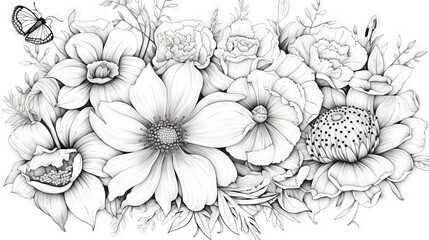 a black and white drawing of flowers with a butterfly on top.  generative ai