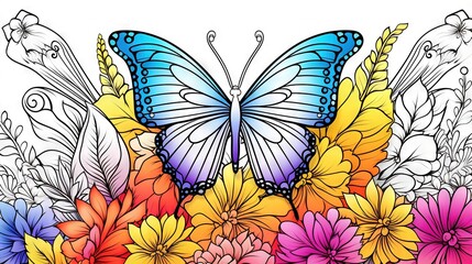  a blue butterfly sitting on top of a bunch of flowers.  generative ai